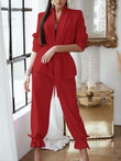 Solid Blazer & Belted Trousers Two-Piece Set