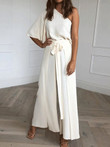 Sloping Shoulder Top & Belted Wide-Leg Pants Two-Piece Suit