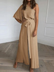 Sloping Shoulder Top & Belted Wide-Leg Pants Two-Piece Suit