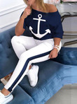 Anchor Print Long Sleeve T-Shirt & Trousers Two-Piece Suit
