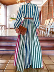 Elegant Stand-up Collar Striped Long Dress