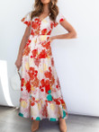 Floral Printed V Neck Short Sleeve Ruffle Hem Maxi Dress