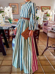 Elegant Stand-up Collar Striped Long Dress