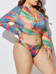 Exotic Printed Bikini Split Swimsuit With Scarf