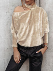 Off-Shoulder Long Sleeve Gold Velvet Solid Top