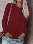 Solid Round Neck Pocket Long Sleeve T-Shirt