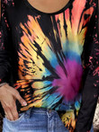 Tie-Dye Stitching Hollow Round Neck Long Sleeve T-Shirt