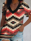 Vintage Geometric Print V-Neck Short Sleeve T-Shirt