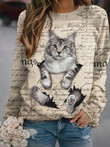 Round Neck Long Sleeve Cat Letter Print T-Shirts