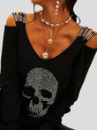 Skull V-Neck Off Shoulder Long Sleeve T-Shirt