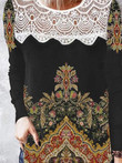 Vintage Print Lace Panel Long Sleeve T-Shirt