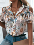 Printed Stitching Off-the-shoulder Short-sleeved Blouses