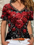 Rose Printed V-neck Plus Size T-shirt