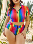Rainbow Striped Zip Up High Waist Split Two-piece Swimsuit