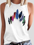 Round Neck Colored Feather Printed Sleeveless Womens Vest