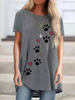Round Neck Dog Paw Print Loose T-shirt