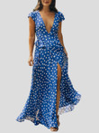 Polka-Dot Short Sleeve Deep V-Neck Slit Beach Dress