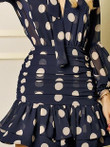 Polka Dot V-Neck Slim Pleated Long Sleeve Dress