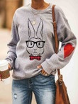 Bunny Bow Tie Glasses Print Round Neck Long Sleeve T-Shirt