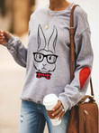 Bunny Bow Tie Glasses Print Round Neck Long Sleeve T-Shirt