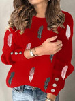 Feather Print Round Neck Long Sleeve Knit T-Shirt