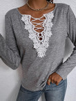 Lace V-Neck Long Sleeve Casual T-Shirt