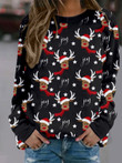 Christmas Print Elk Round Neck Long Sleeve T-Shirt