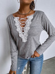 Lace V-Neck Long Sleeve Casual T-Shirt