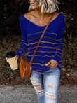 Striped V-Neck Knitted Long Sleeve Sweater