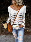 Striped V-Neck Knitted Long Sleeve Sweater