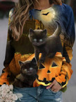 Cat Pumpkin Round Neck Long Sleeve T-Shirts