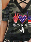 Gesture Love Stars and Stripes Print Strap V-neck Cross T-shirt