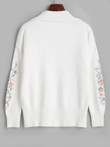 High Neck Floral Embroidered Drop Shoulder Sweater