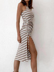 Irregular Folds Slit Sleeveless Striped Dress