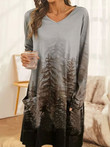 Casual Forest Print V-Neck Pocket Long Sleeve Dress