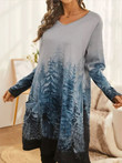 Casual Forest Print V-Neck Pocket Long Sleeve Dress