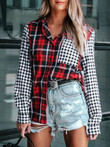 Stand Collar Plaid Pocket Long Sleeve Blouse