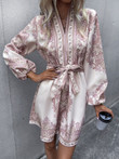 Casual Belted Printed Long Sleeve Dress