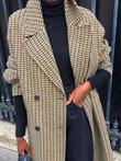 Lapel Check Long Sleeve Woolen Long Coat