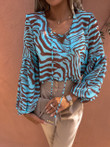 Zebra Belted Long Sleeve Blouse