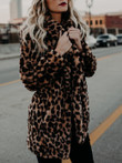 Lapel Leopard Print Faux Fur Long Sleeve Midi Coat