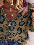 V-neck Zipper Leopard Print Casual Blouses