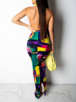 Women ColorBlock Halter Bandage Crop Top & Maxi Dress Sets