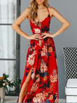 Women Sleeveless Sling V Neck Floral Print Dress
