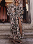 Leopard Print Slit Long Sleeve Dress