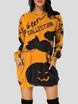Halloween Print Hooded Pocket Long Sleeve Dress