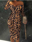 Leopard Boat Neck Long Sleeve Skinny Dress