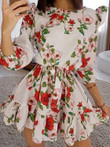Flower Print Ruffled Five-Point Sleeve Dress