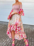 Floral Off-Shoulder Flare Sleeve Irregular Dress