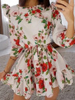 Flower Print Ruffled Five-Point Sleeve Dress